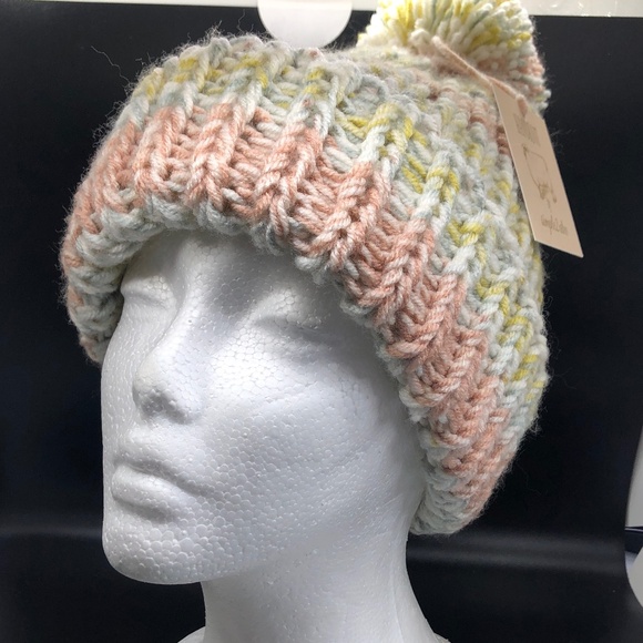 CHUNKY Ribbed Double Strand Hand Knit Marble Roll Cuff Pom Beanie Hat main image 9